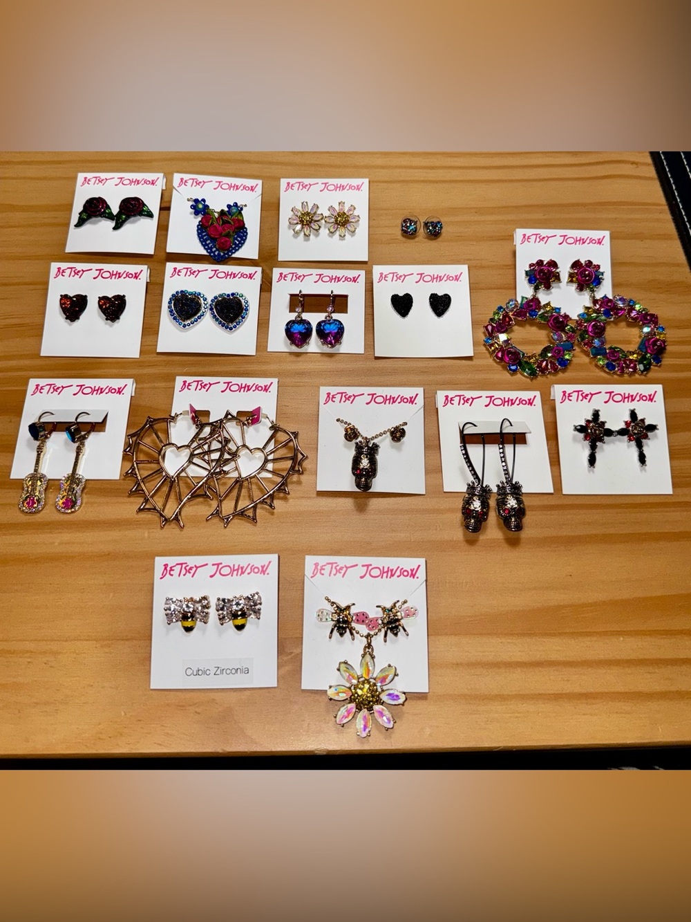 16 Sets of Authentic Betsey Johnson Jewelry: Earrings, Necklaces, Matching Pairs